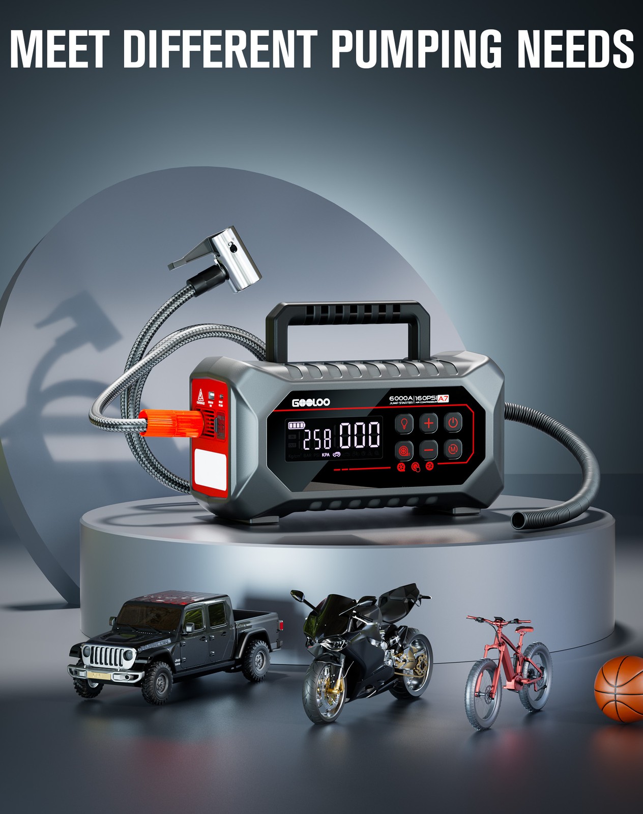 GOOLOO A7 Jump Starter with Air Compressor 6000A &160PSI 12V Car Battery 12-in-1