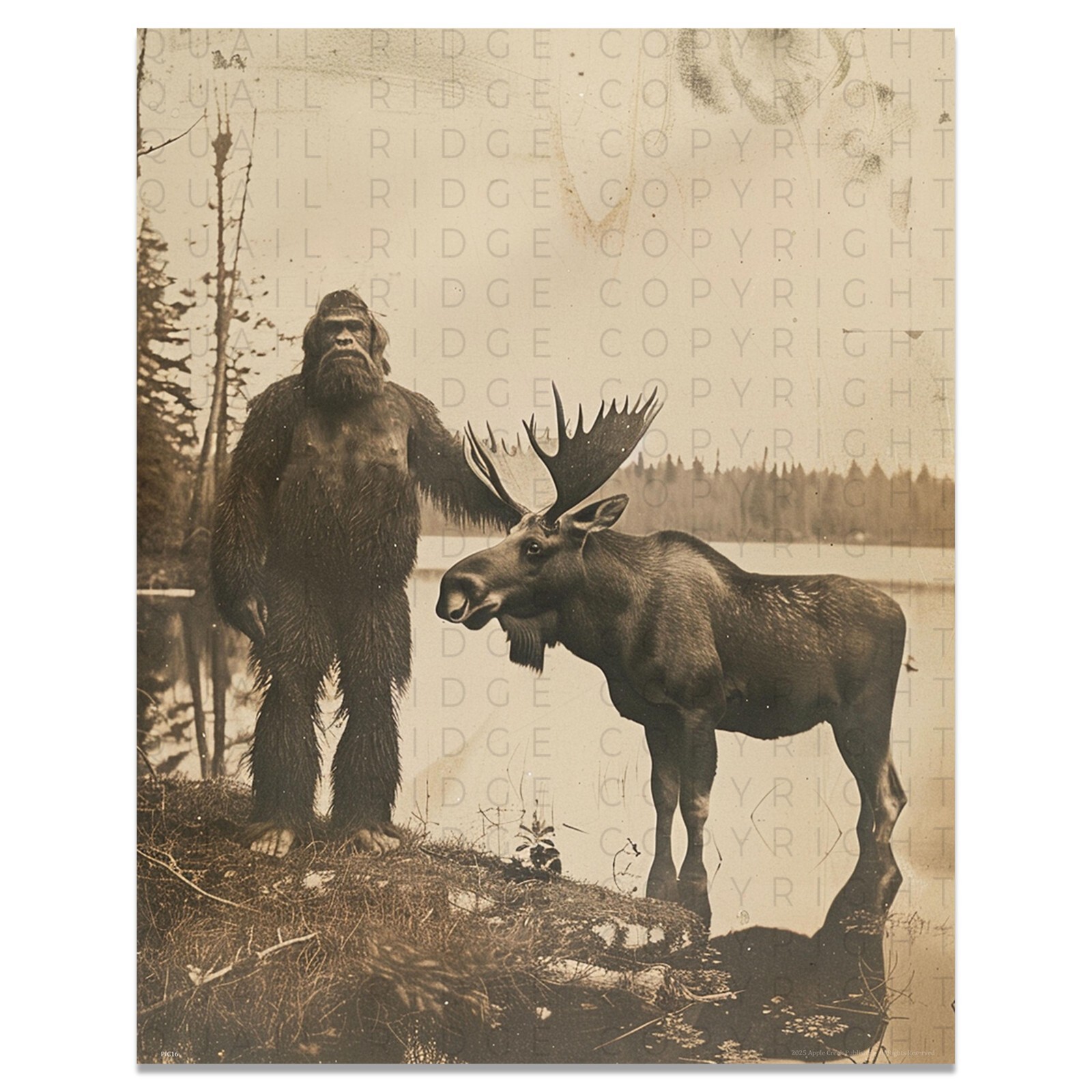 Vintage Bigfoot Sasquatch Moose Photography Art Print Deer Hunting Cabin Artwork