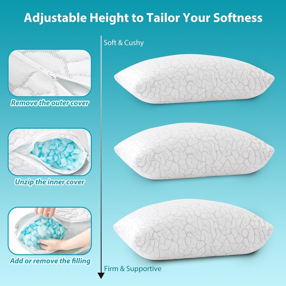Cooling Pillows for Sleeping 2 Pack, Standard Size Adjustable Shredded Memory...