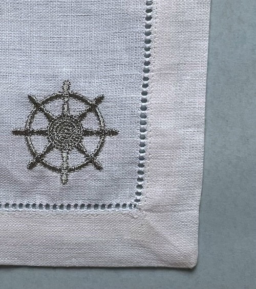 Sferra Nautical Silver Embroidery Cocktail Napkins Hemstitch Linen 6x6 SET/4 New