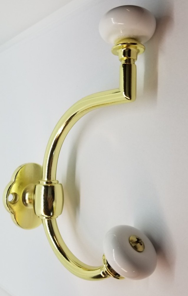 Bright Brass Double Front Mount Coat Hook Porcelain Knobs old classic rack hat