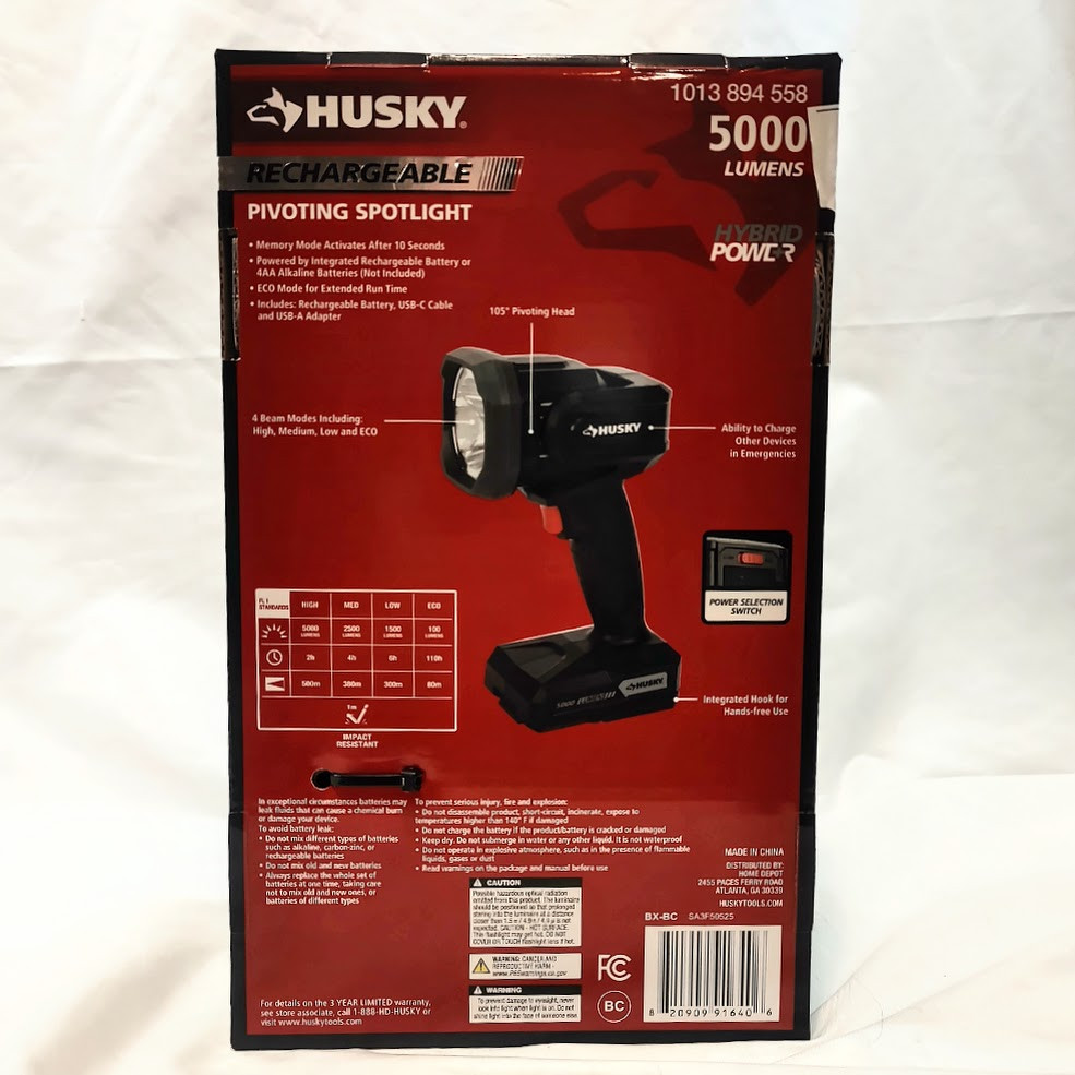 Husky 5000 Lumen Hybrid Power Swivel Rechargeable Spotlight (91640)