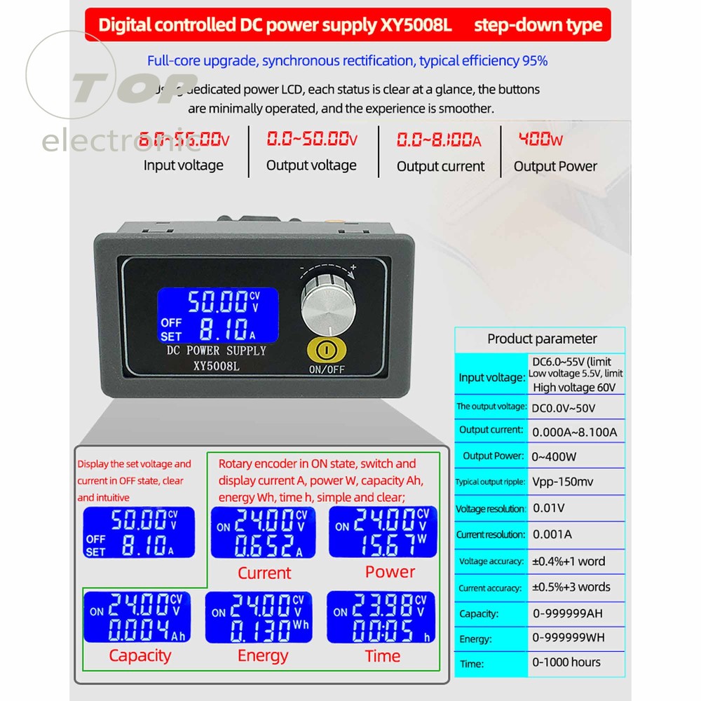 DC 50V 8A 400W Constant Voltage Buck Module Adjustable Regulated Power Supply