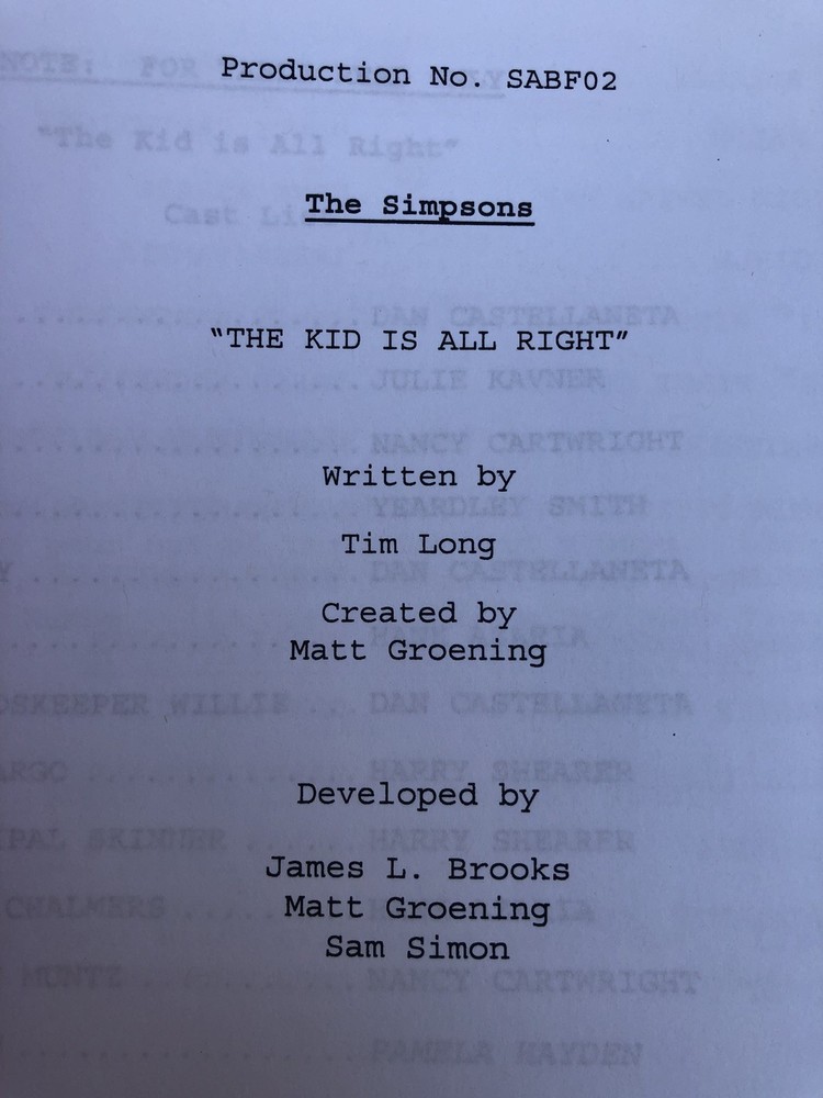 The Simpsons The Kid Is All Right 2013 Table Draft Production Script No SABF02