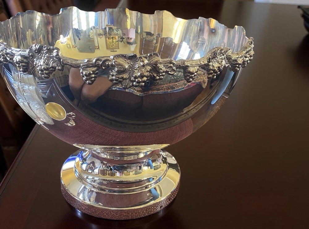 Silver-plated copper punch bowl with grape motif