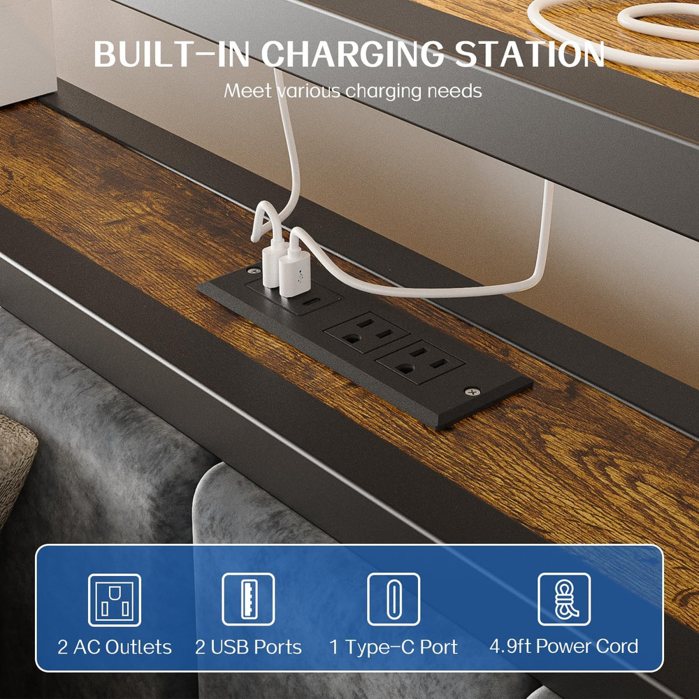 Full Size Platform Bed Frame with LED Lights, Charging Station, Grey Upholstered