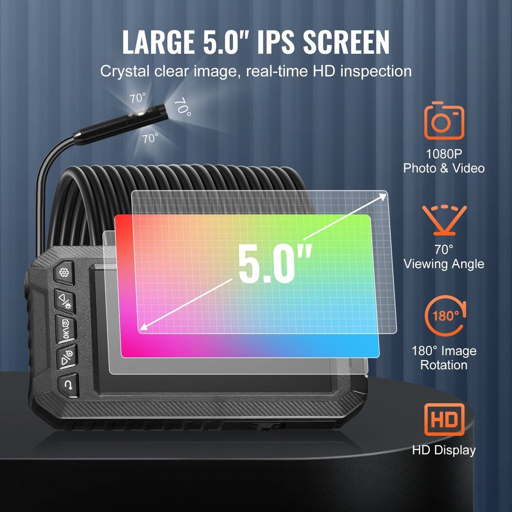 Triple-Lens Borescope: 5" IPS Screen, 16.4ft Cable, IP67 Waterproof