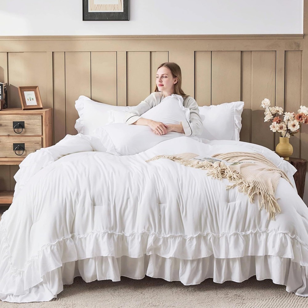 White Ruffle Comforter Full Set, 3 Piece Simple Bedding Comforter Set