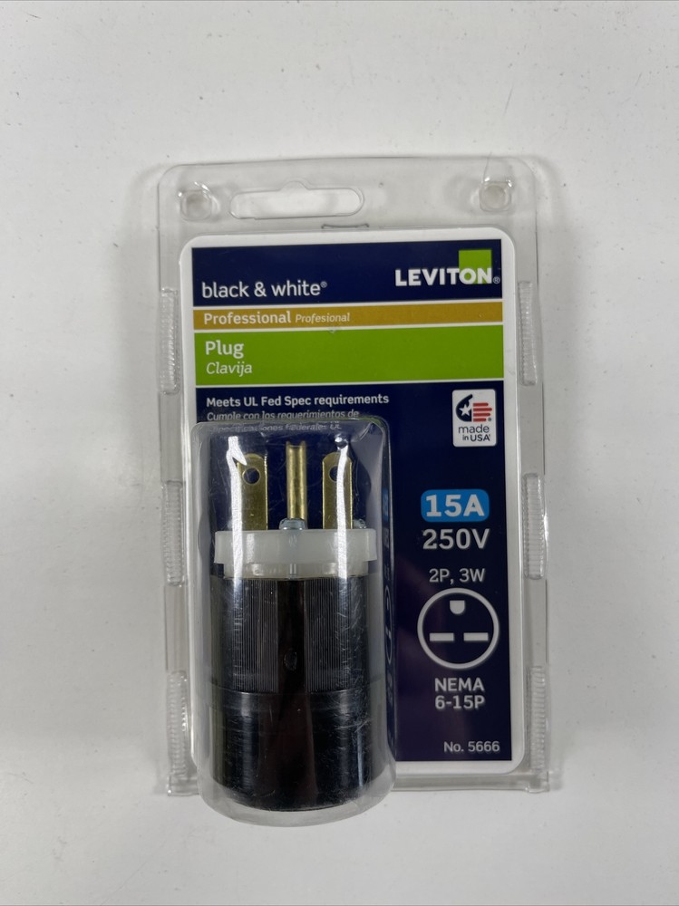 NEW Leviton #5666 Black/ White 250V Nylon Grounding Plug