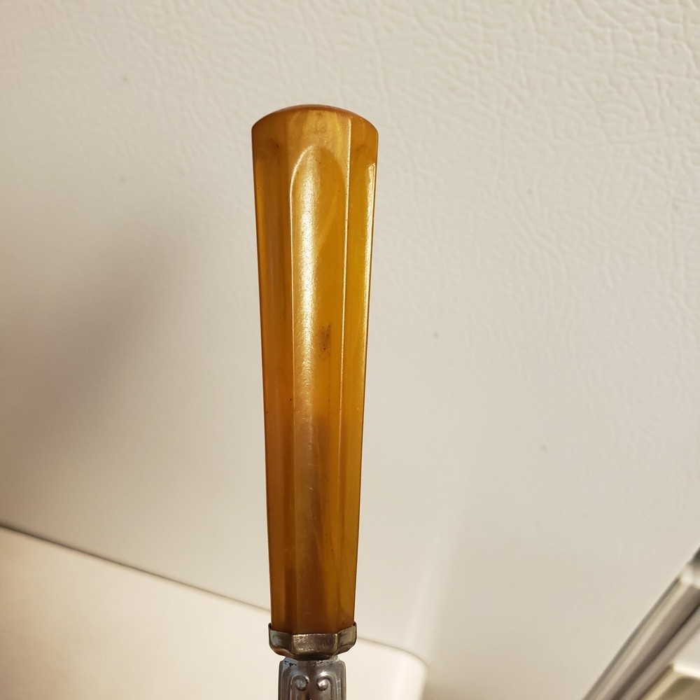 Vintage Butterscotch Bakelite / Catalin Handle Serving Fork 8.5in MCM Kitsch