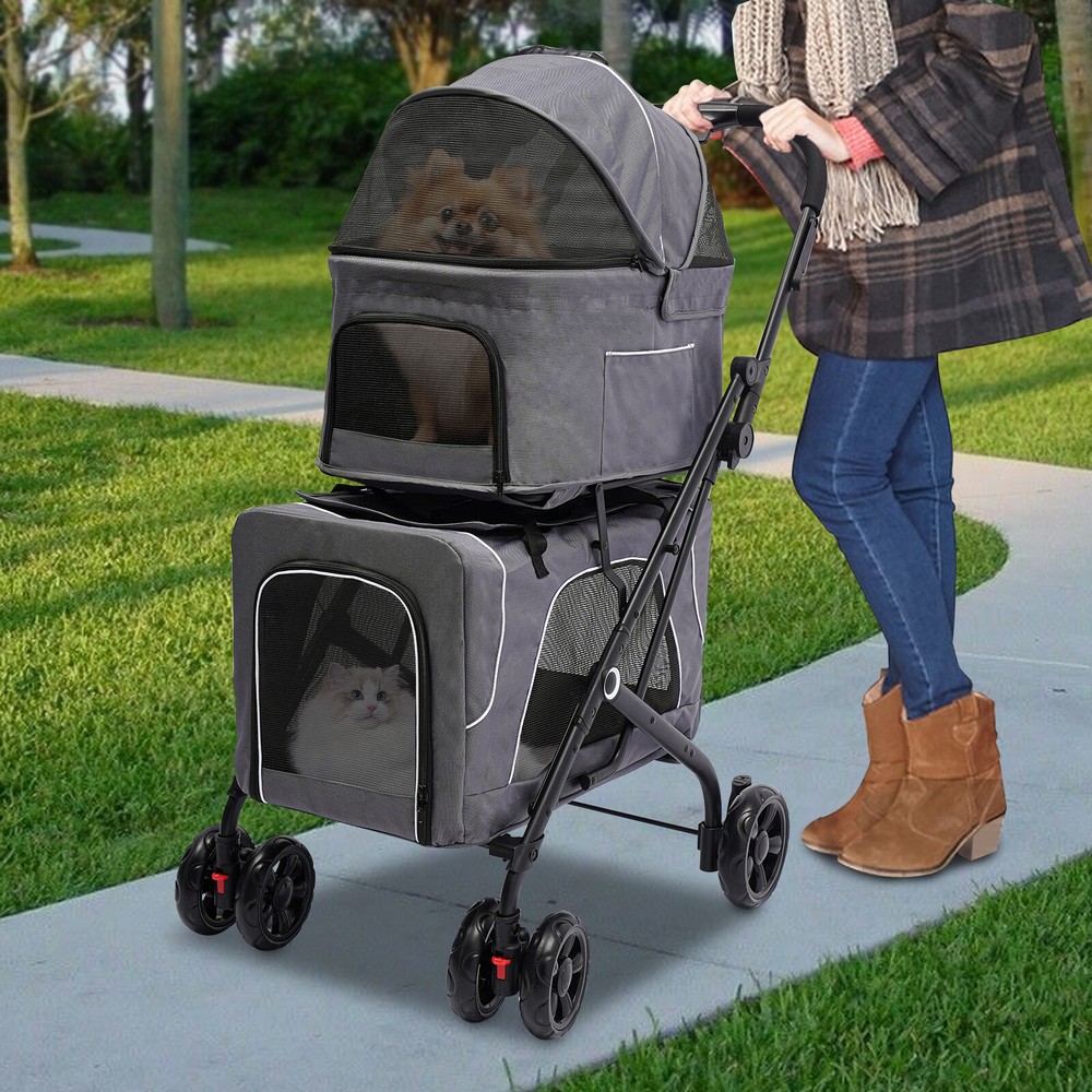 Foldable Double Pet Stroller, Cat & Dog Carrying Cart For Small/medium-sized Pet