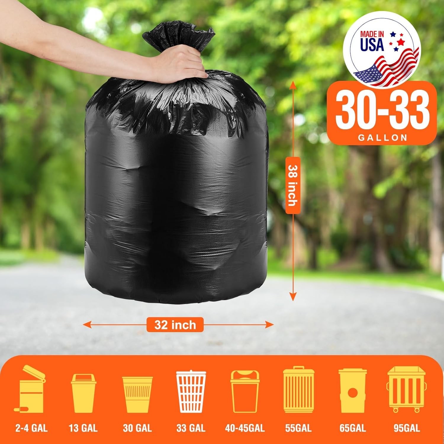 30-33 Gallon Black Trash Bags Kitchen Garbage Rubbish Bags 250Bags 32x38" Medium