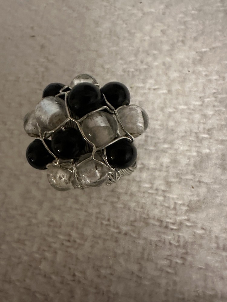 Black Bead & Silver Foil Clear Bead Wire Wrapped Statement Ring Size 9
