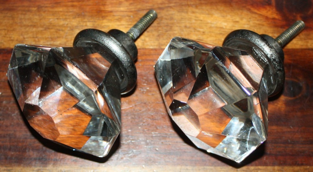 PAIR (2) Antique 8 Pt. Glass Door Knobs With Threaded Spindles Heavy Beautiful