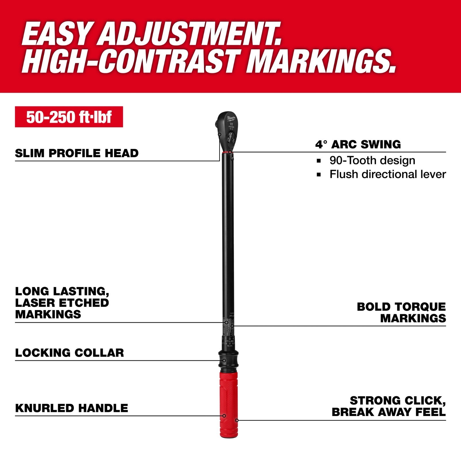 Milwaukee 48-22-9203 1/2" Drive Click Torque Wrench 50-250 ft-lb Adjustable Tool