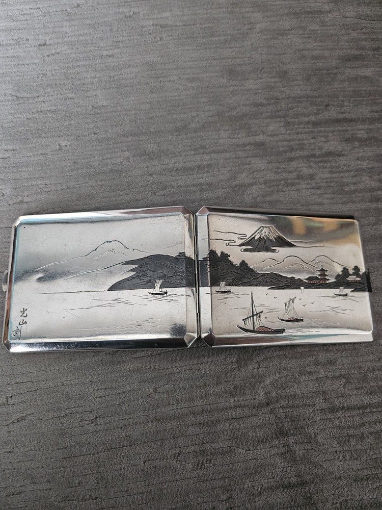 Beautiful 950 Solid Silver Japanese Niello Cigarette Case Signed & 950 Silver
