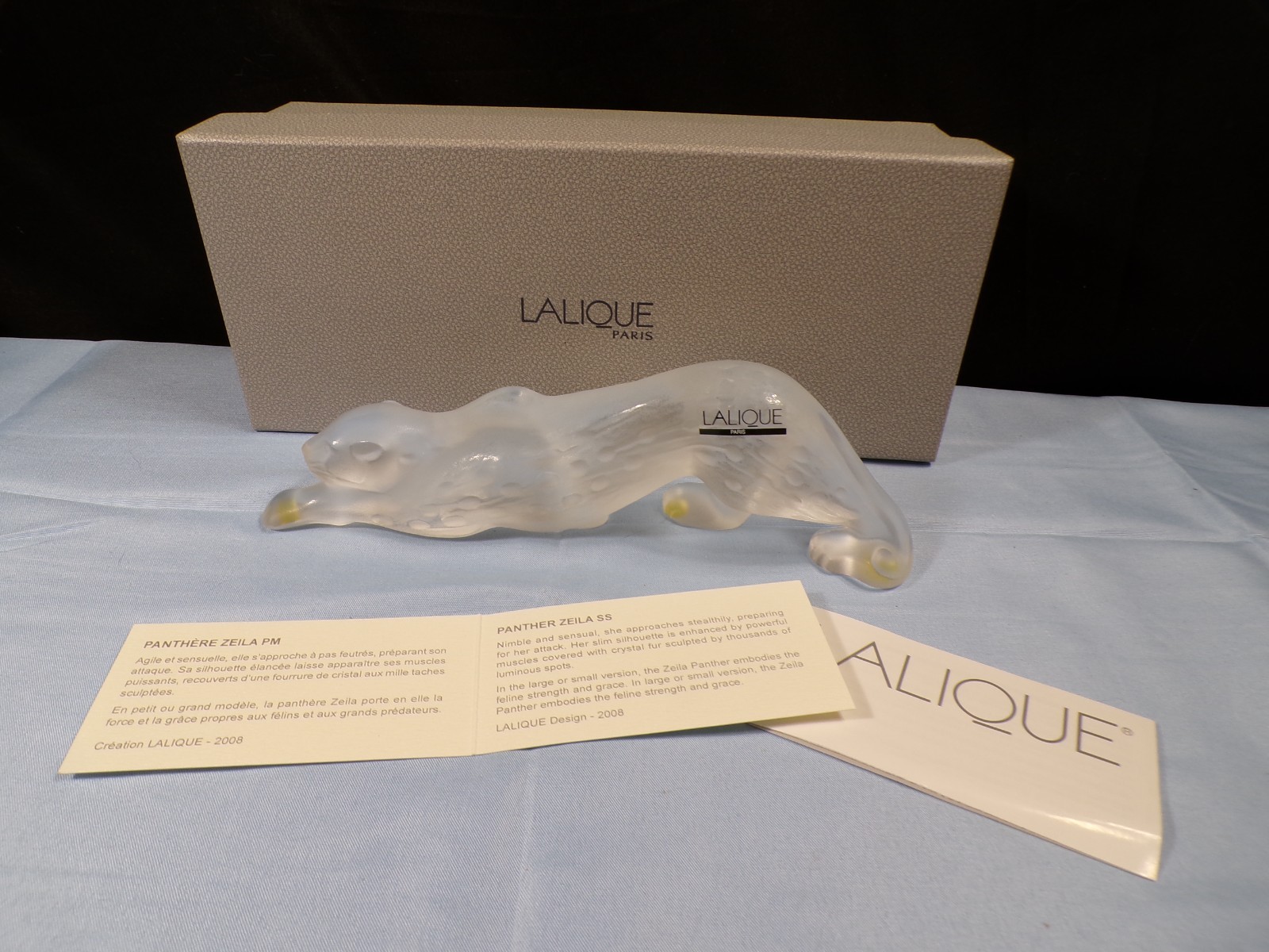 Lalique France Crystal Stalking Zeila Panther Figurine w/ Box 8 1/4" Long