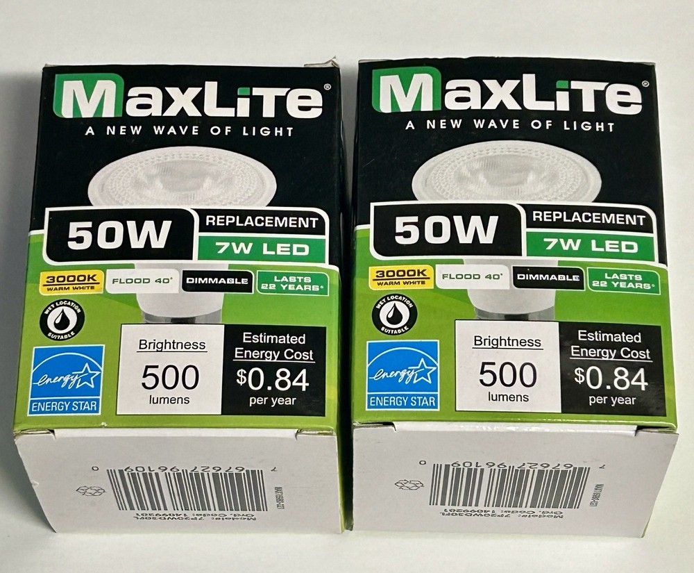 (2) Maxlight 50W Replacement  7W Led. 3000K War White. Flood 40°. Dimmable.