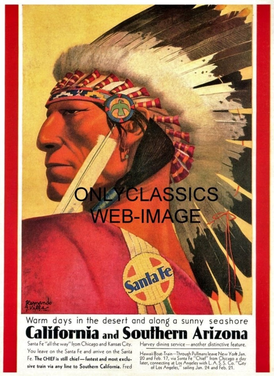 SANTA FE CHICAGO TO KANSAS CITY RAILWAY 12X16 POSTER INDIAN CHIEF RAILROAD TRAIN