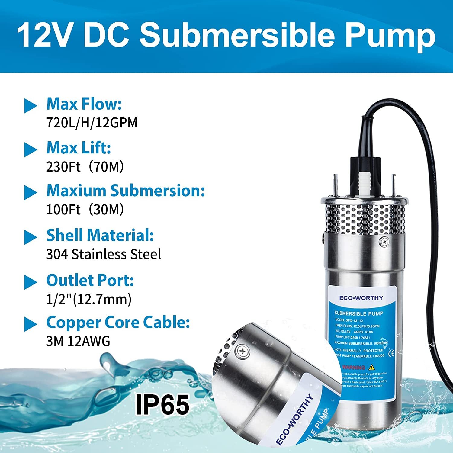 12V DC Submersible Deep Well Pump Water Pump 3.2GPM 230ft for Irrigation