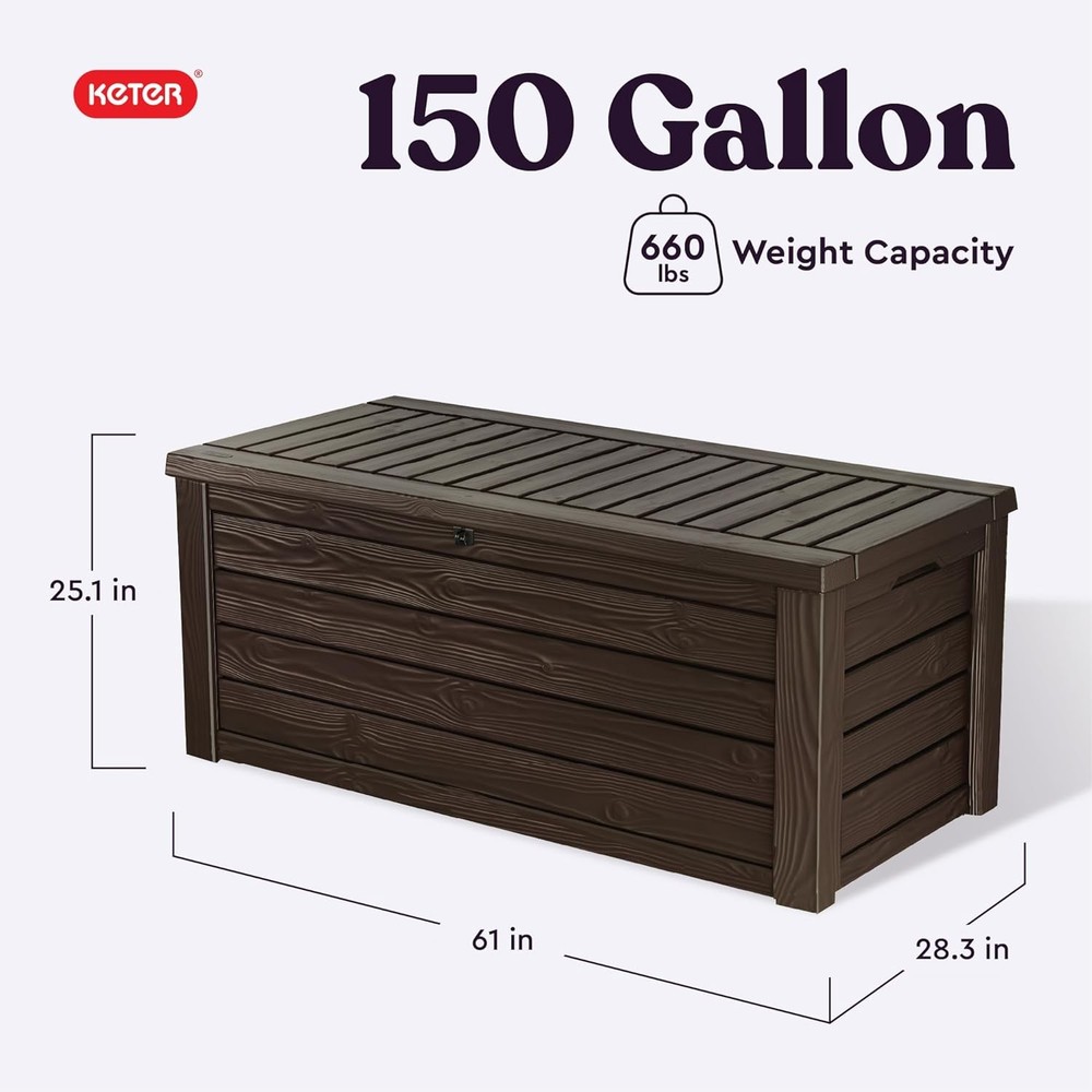 Keter 150 Gallon Deck Box Outdoor Storage Bench Seat Lockable Brown