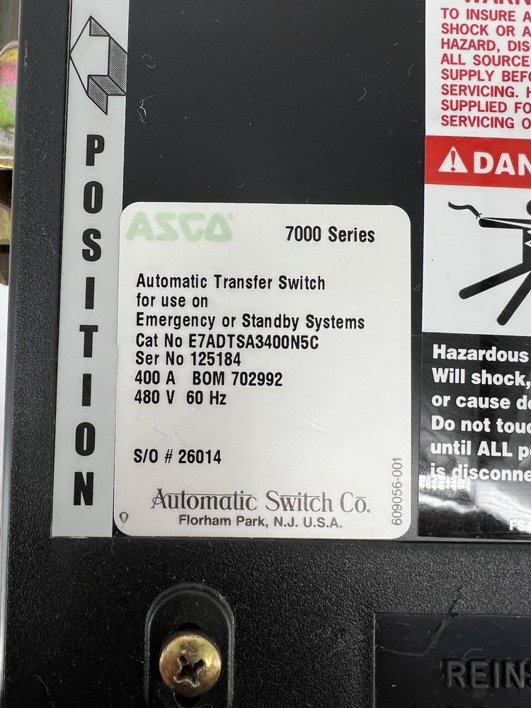 ASCO E7ADTSA3400N5C Automatic Transfer Switch, 7000 Series, 400A, 480V, 60Hz