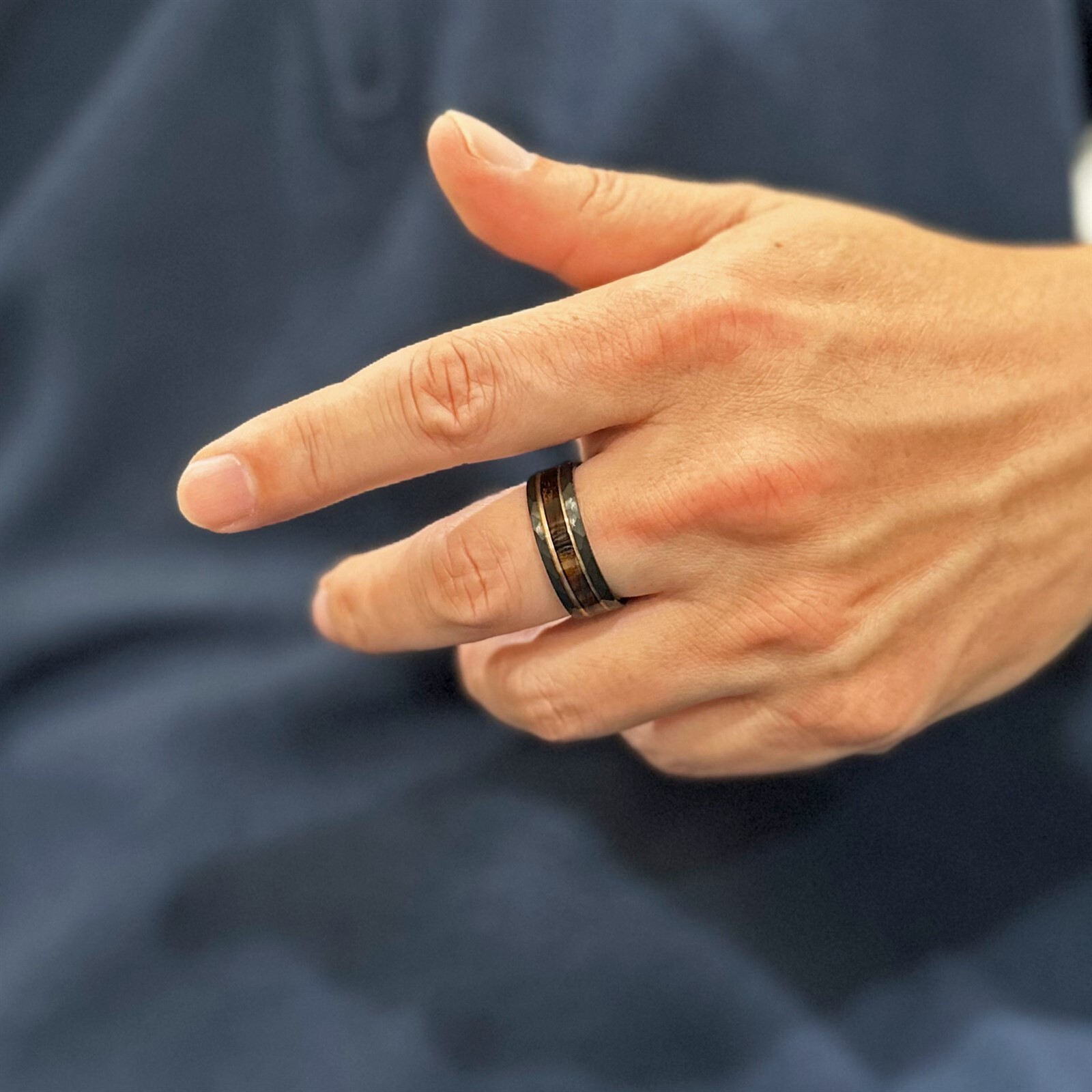 Black Tungsten Men's Ring Charred Whiskey Barrel Rose Gold Plated Wedding Band