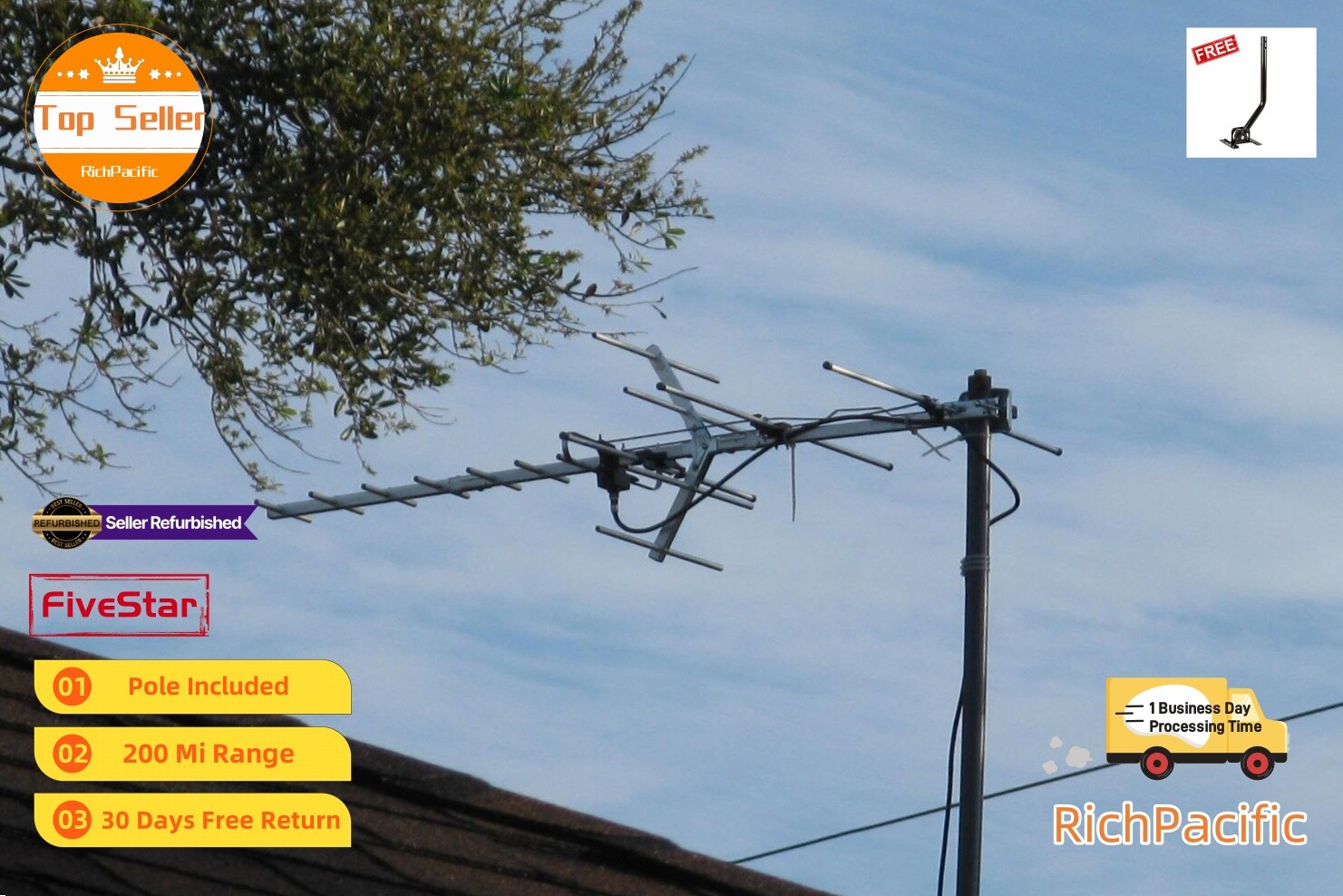 Long Range Yagi HDTV Antenna Outdoor 250 Mile UHF VHF FM Signal Booster