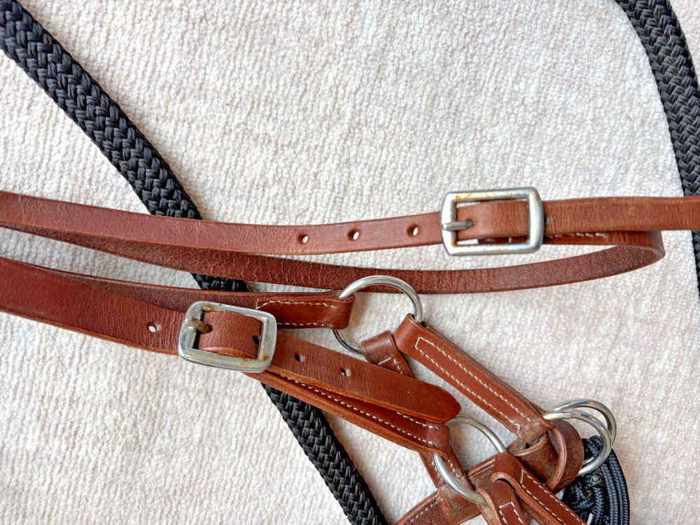 8.5' Poly Loop Rein, Braided Knots and Center Braid Ring, with Leather Sidepull