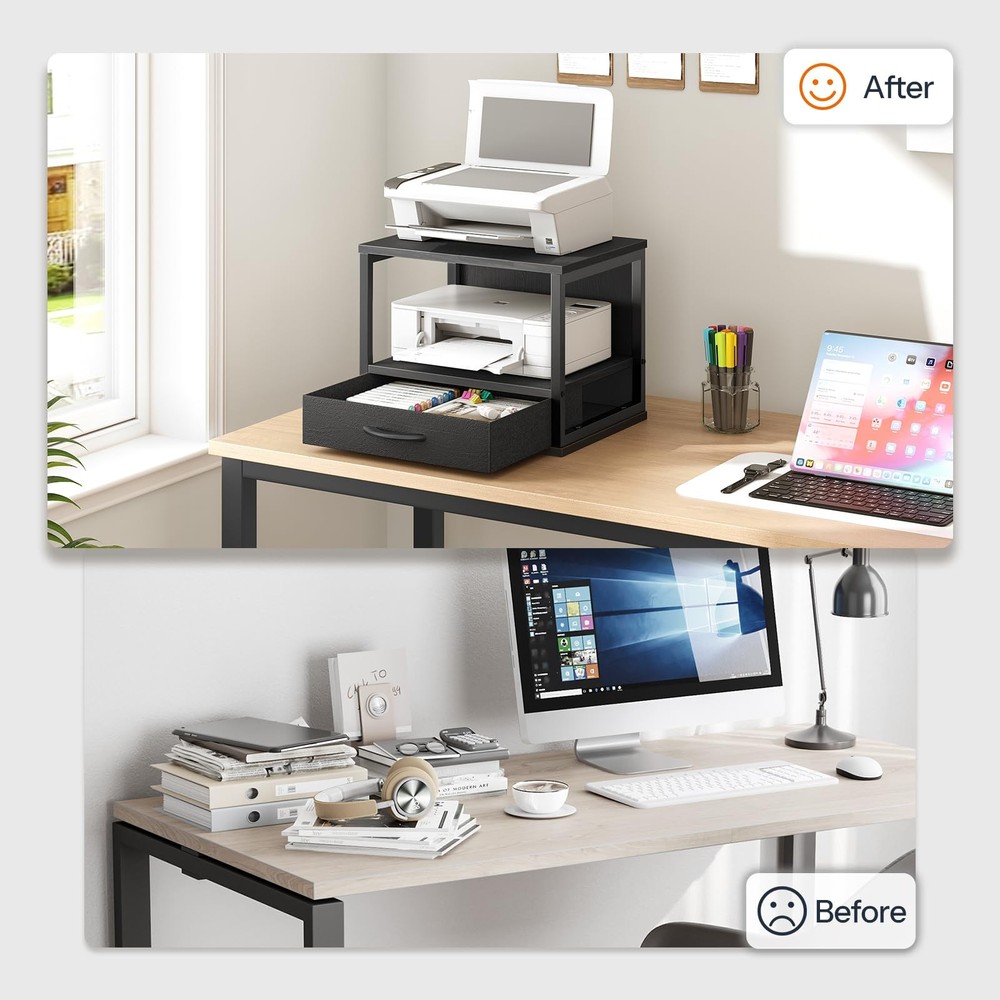 2Tier Desktop Printer Stand Drawer UnderDesk Storage Shelf Black BB07PS01