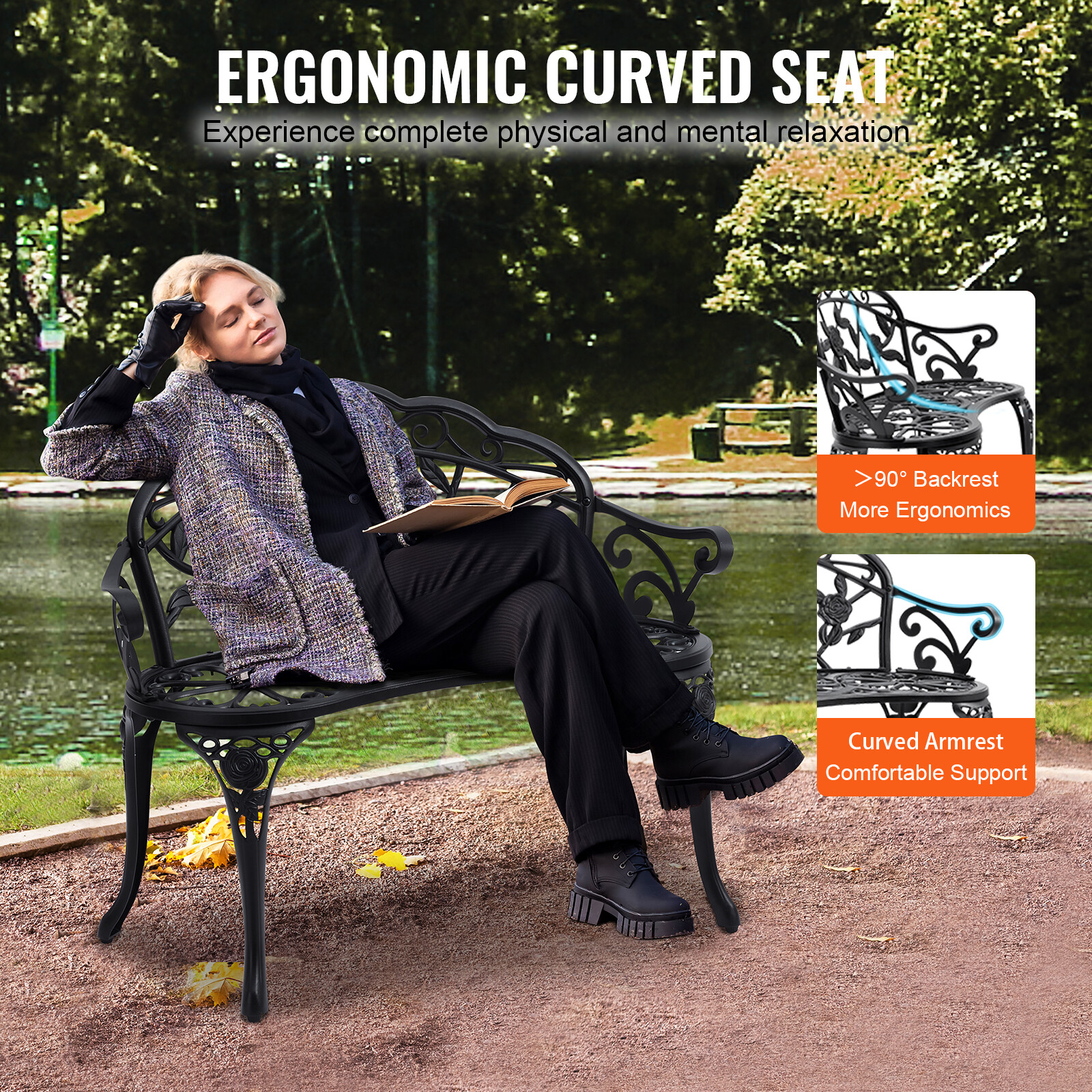 VEVOR Outdoor Bench 38.8in Metal Garden Bench 480lbs Park Patio Yard Porch Bench