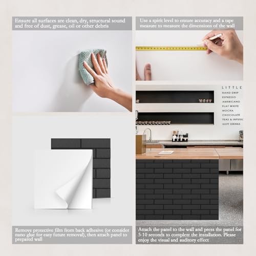 12Pack Acoustic Panels, Self-Adhesive 3D Brick Pattern 12"×12"-Brick Black