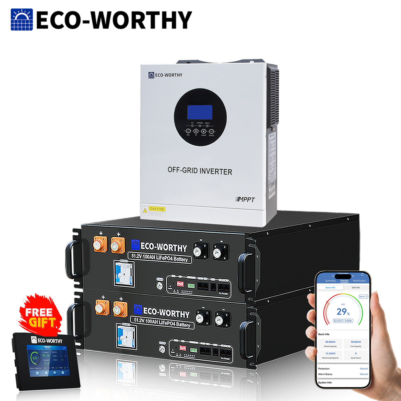 ECO-WORTHY 2Pack 48V 100Ah Lithium LiFePO4 Battery+5.5kW 48V Off-grid Inverter