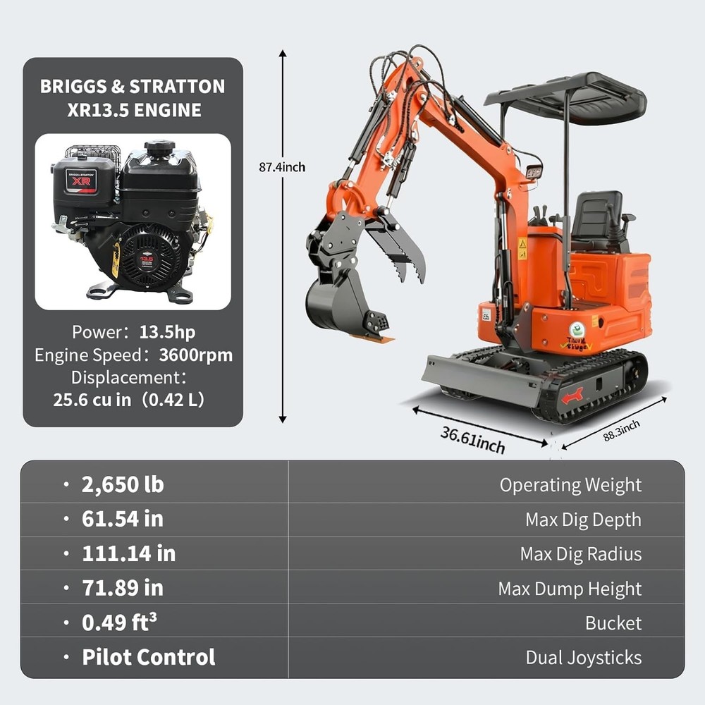 1.2 Ton Mini Excavator +2 Attachment B&S Engine & Pilot Control System EPA
