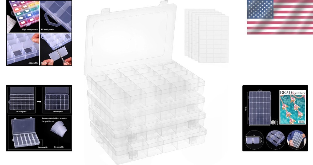 Effortless Craft Organization: 4-Pack Transparent 36-Grid Storage Containers