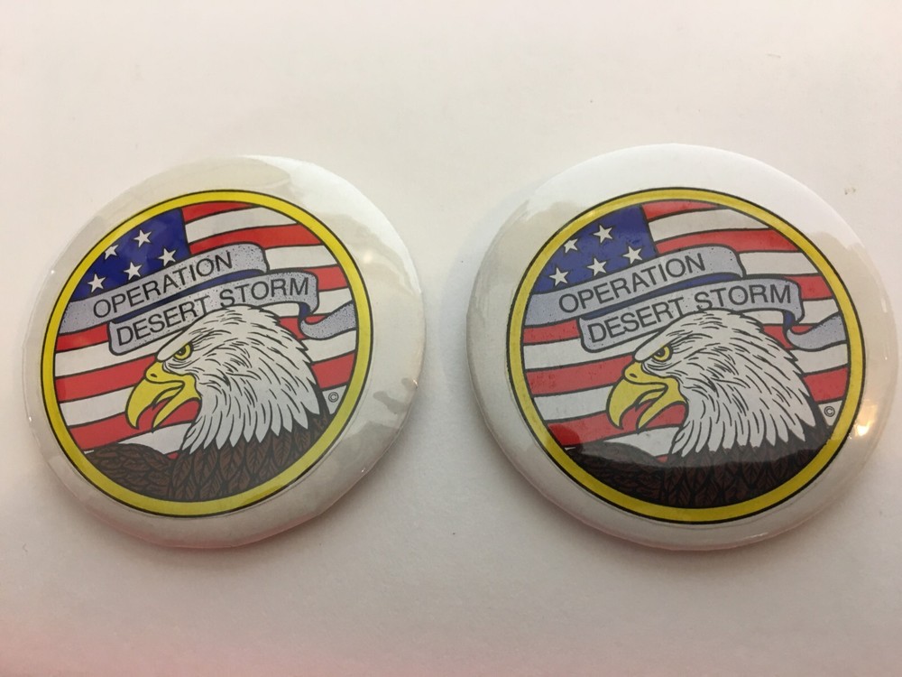 (2) 1990 Operation Desert Storm Pinback Button Support Troops USA American Eagle