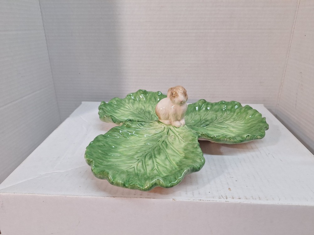 Vtg Ceramic Bunny Cabbage Leaf Divided Plate Easter