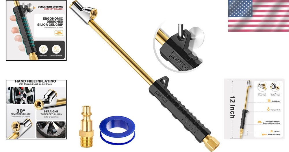 Solid Brass 12" Air Chuck with Ergonomic Grip - Essential Tire Inflation Kit