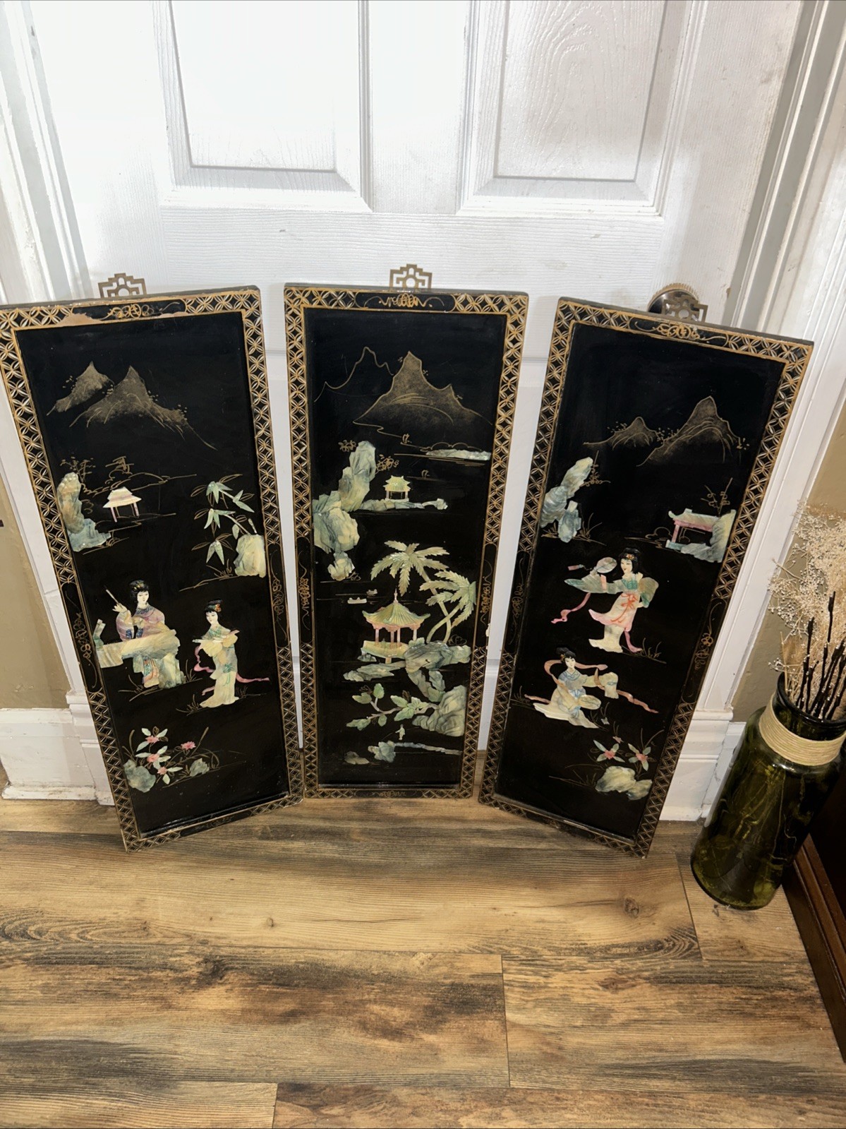 3 Vintage Laquered Asian With Mother of Pearl Panels 12”x 36” 2 Sets Available