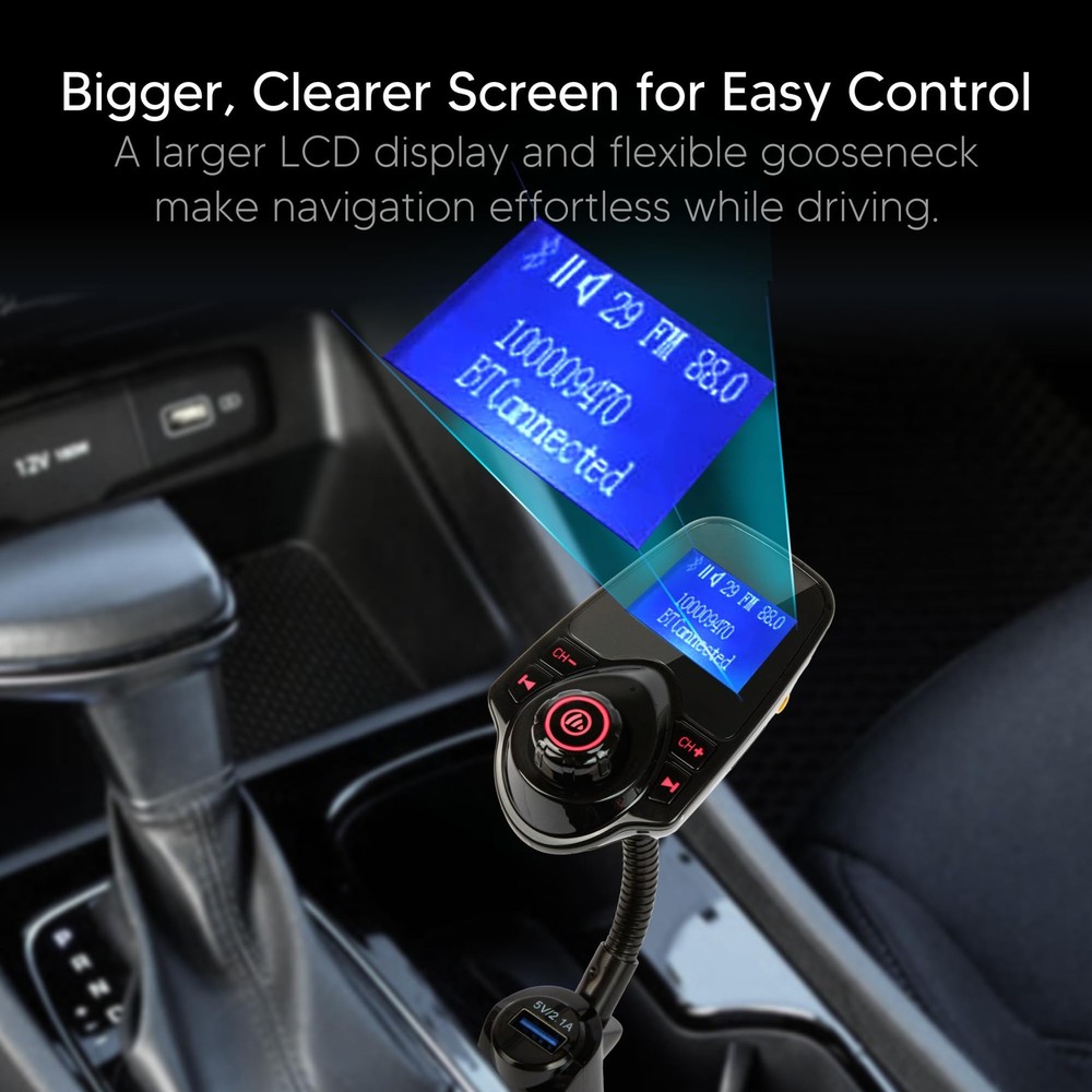 ONN Upgraded 2026 Bluetooth Car FM Transmitter, 1.44” LCD Display, Flexible G...