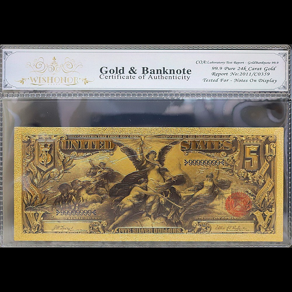 Gold 1896 $5 Five Dollars Banknote Collectible with Bag & Certificate