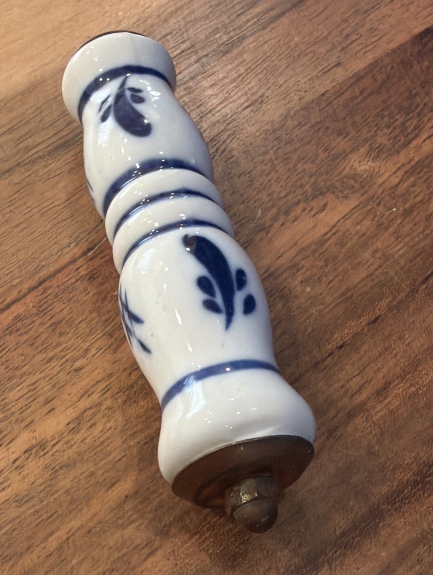 vintage delft blue and white ceramic handle, found on copper kettles, teapots