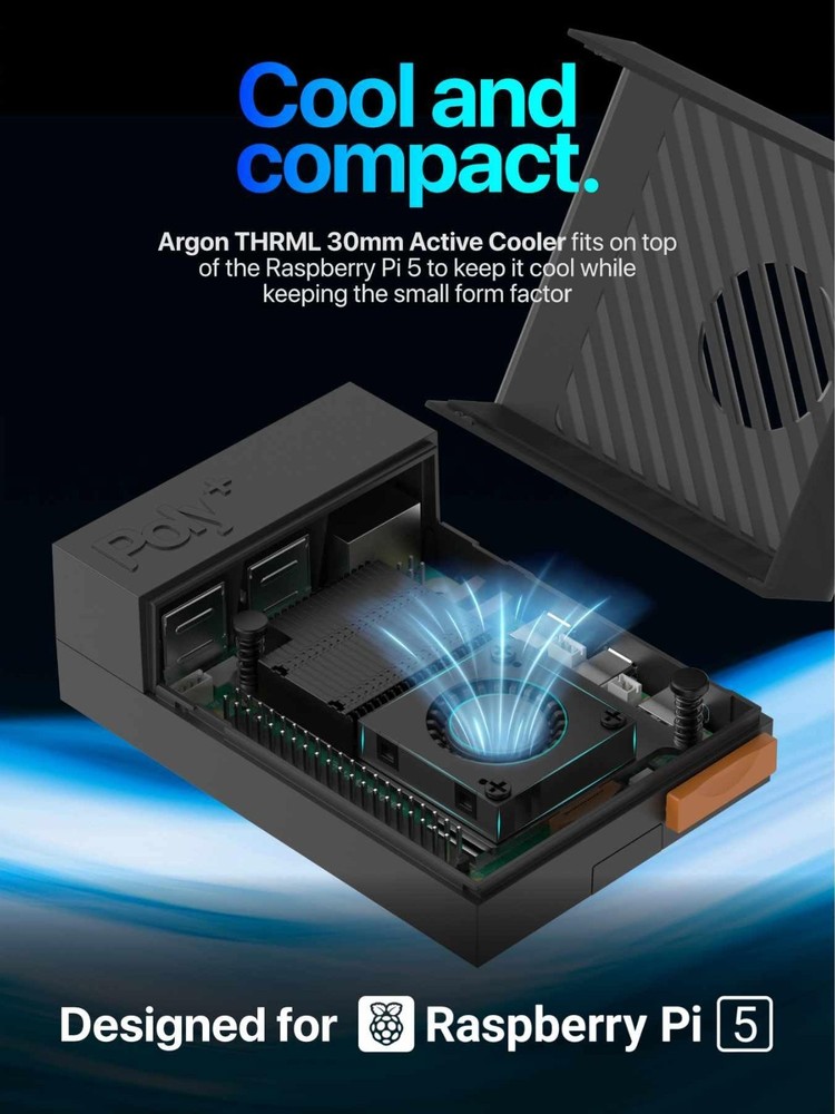 Argon Poly 5+ Raspberry Pi 5 Case Includes Active Cooler Fan & Heatsink