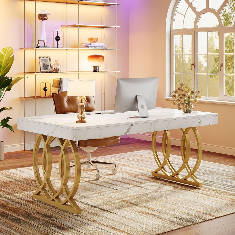 63-Inch Rectangular Executive Desk, Modern Office Computer Desk with Gold Legs