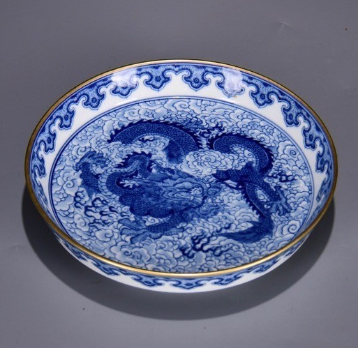 6.6''YongZheng  Marked Blue white Porcelain dragon loong beast Tray Dish Plate