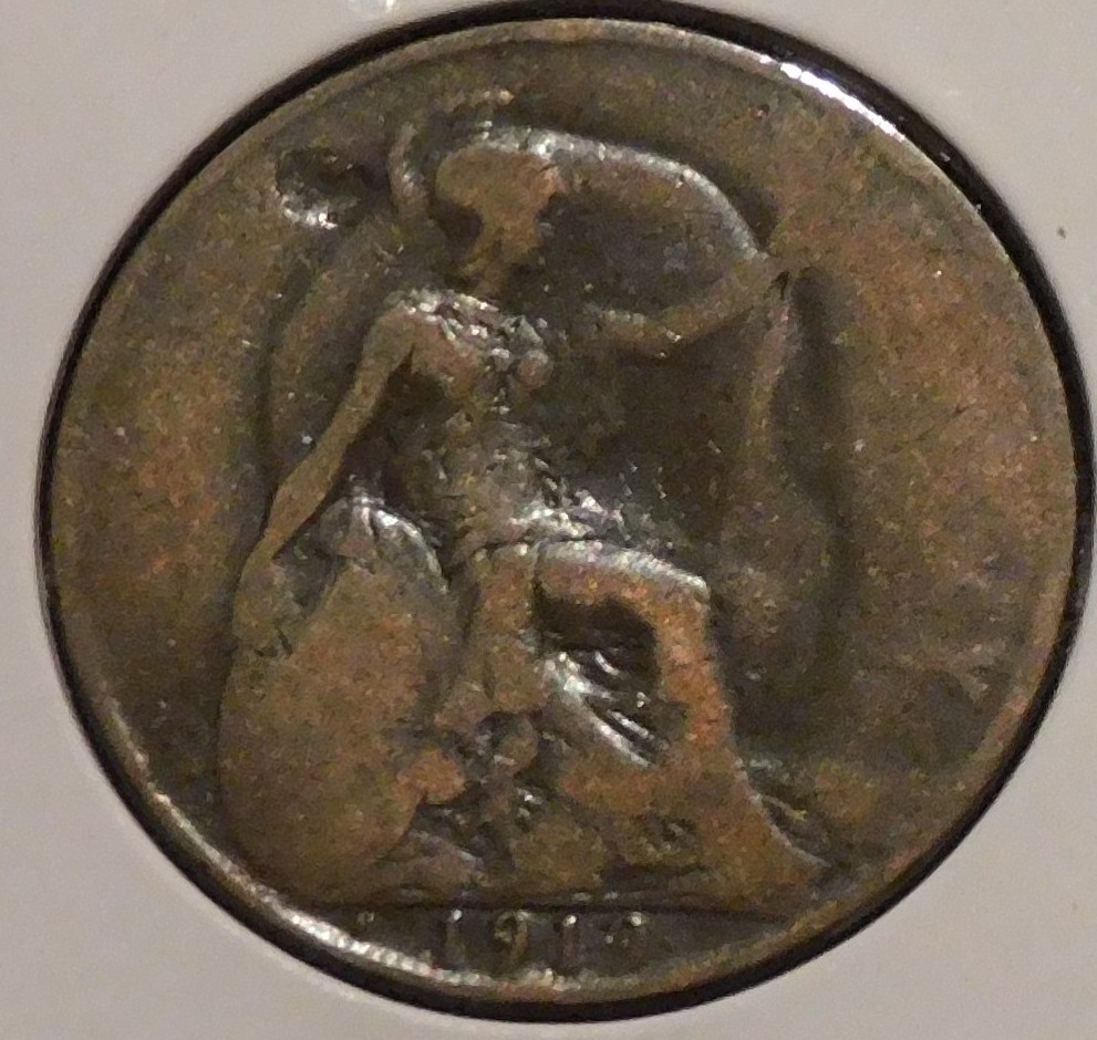 British Penny - 1919-H (Worn + Planchet flaw) - King George V