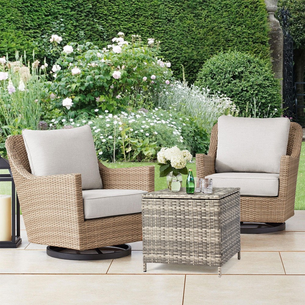 PE Wicker Side Table with Storage, Patio Rattan End Table Square Container