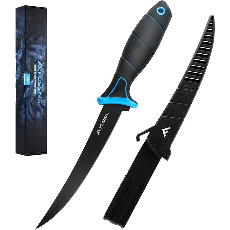 FLISSA 5''/6''/7''/9'' Fillet Knife Cutting Notch Non-Slip Handle w/Black Sheath