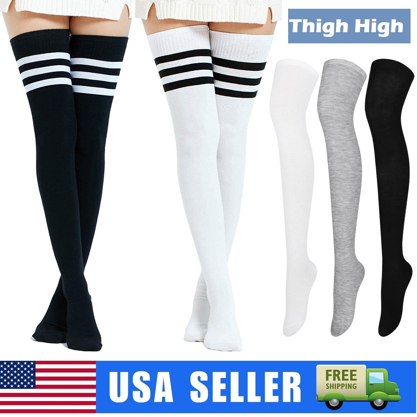 Extra Long Cotton Stripe Thigh High Socks Over the Knee High Plus Size Stockings