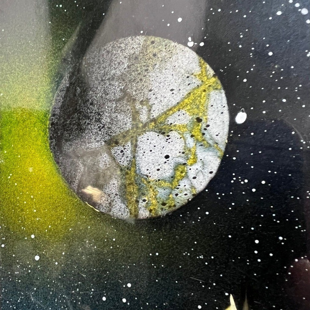 Vintage Fantasy Landscape Planets Sci-Fi Spray Paint Signed Framed Art Painting